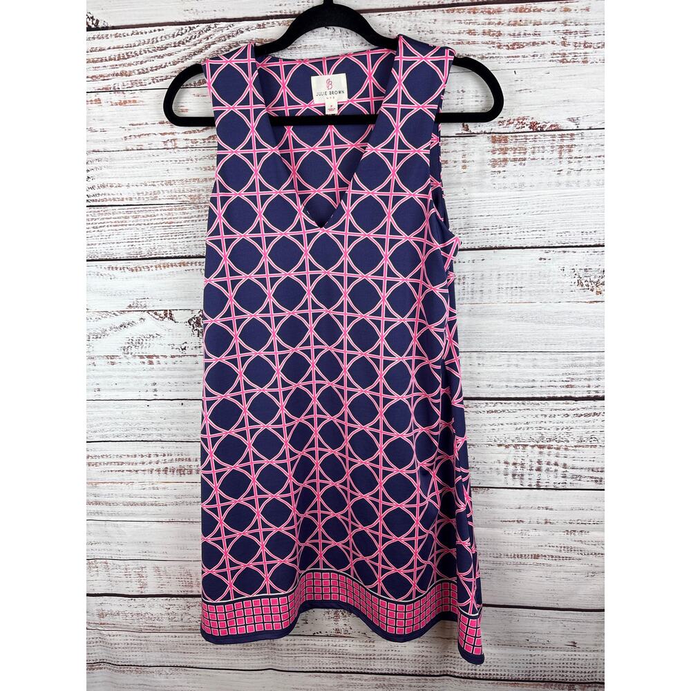 Womens Julie Brown Navy & Pink Print Sleeveless Sheath Dress Stretch Boho Sz S